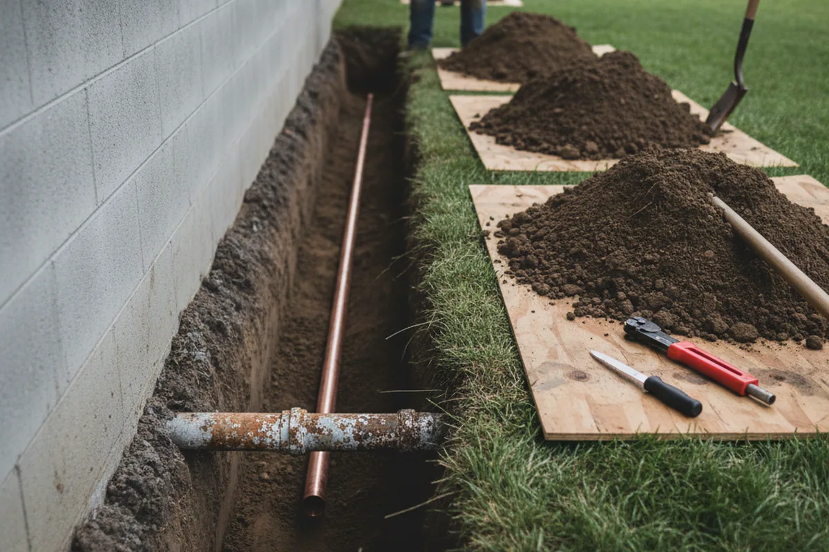 Excavated water line trench during Water Softener Installation in Redfox